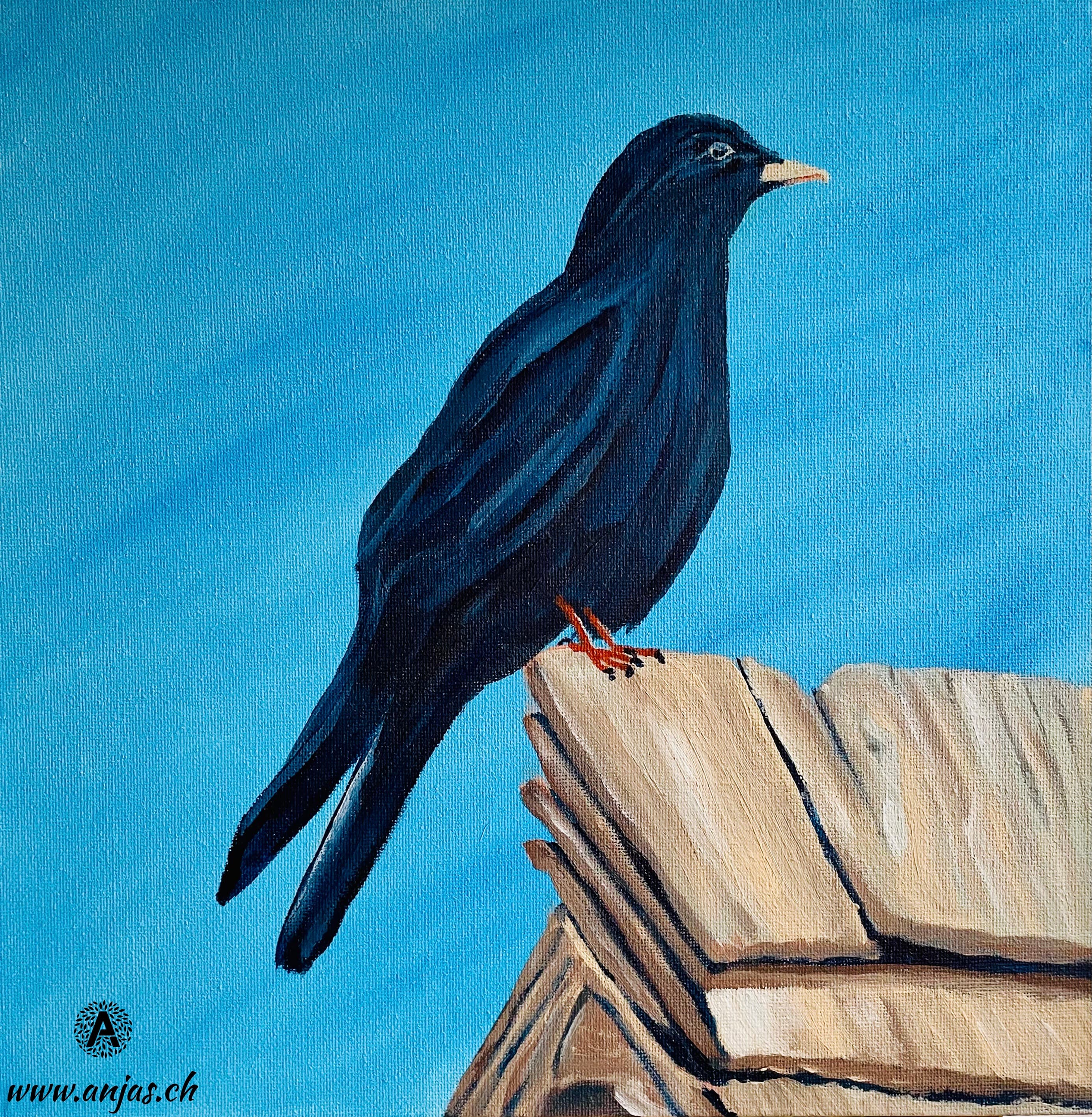 Bergdohle auf dem Schindeldach - Kunstwerk von Anja Boos